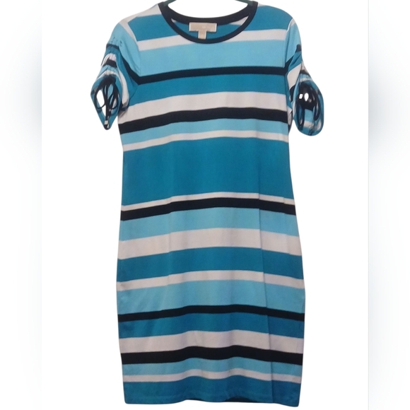 Michael Kors - NWOT, Multi Colored Striped Dress, Short Sleeves W/ Ruching & Tie - Picture 9 of 10